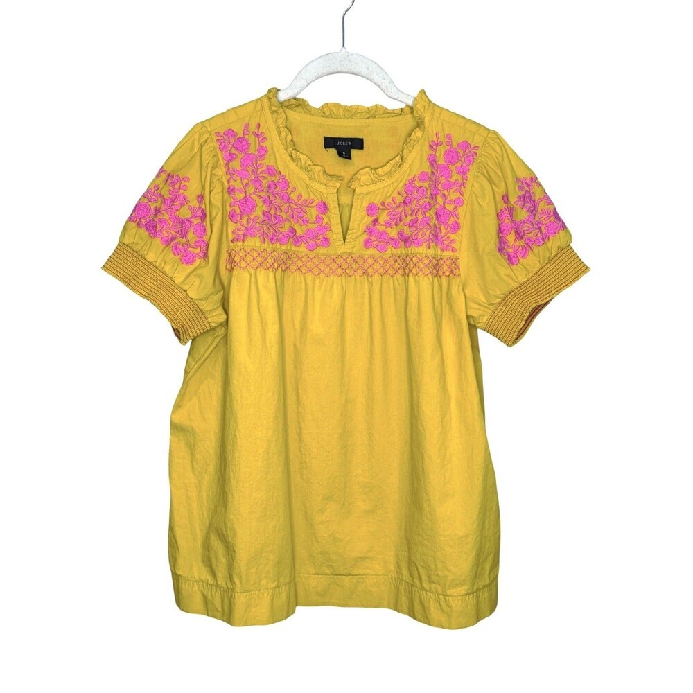 J.Crew Blouse Womens Small Yellow Embroidered Floral Boho Short Sleeve Tunic Top